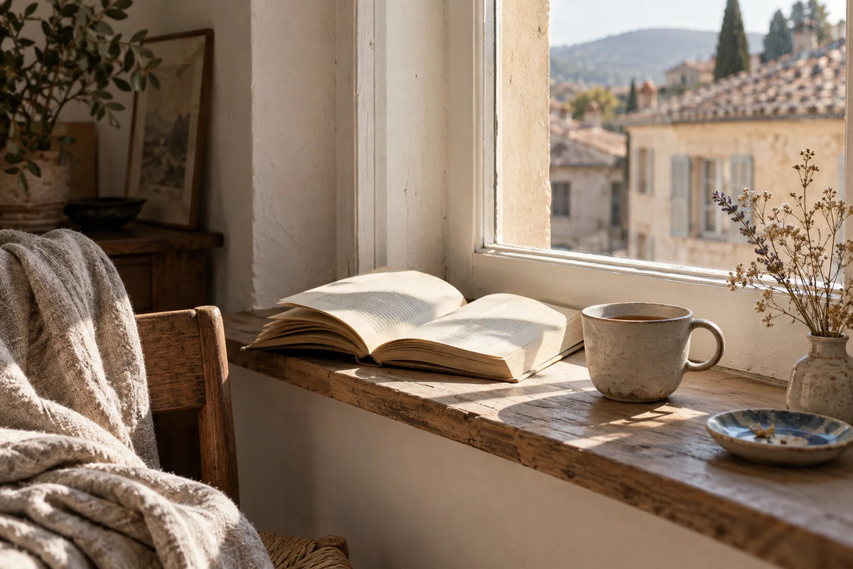 Ein Buch und eine Tasse im warmen Morgenlicht am Fenster